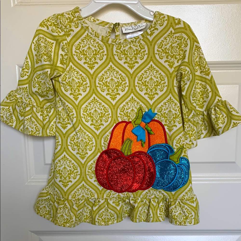 Emily Rose Green and Cream colored blouse with quarter length sleeves, pumpkins